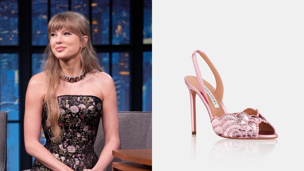 Left: Taylor Swift on 'Late Night With Seth Meyers' on Oct. 8, 2025.
Right: Aquazzura Ce Soir Sandal 105
