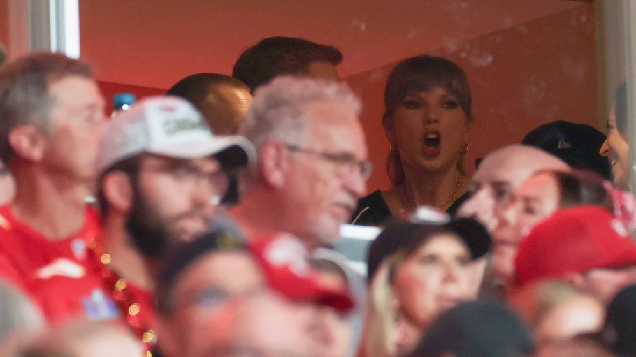 Taylor Swift looks on during the second quarter in the game between the Kansas City Chiefs and the Detroit Lions at Arrowhead Stadium on October 12, 2025 in Kansas City, Missouri.