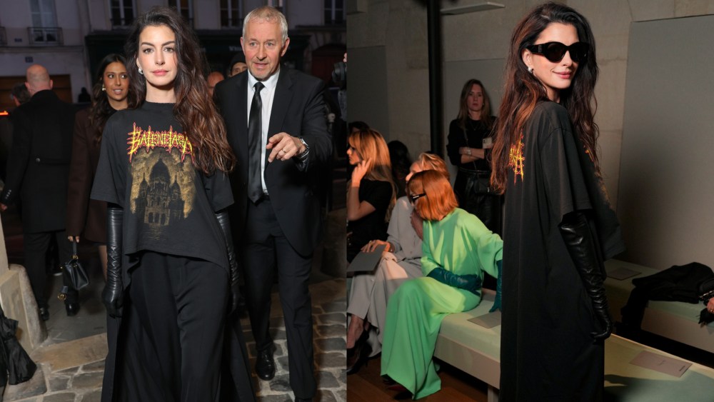 Anne Hathaway at the Balenciaga fashion show as part of spring 2026 Paris Fashion Week on Oct. 04, 2025, in Paris.