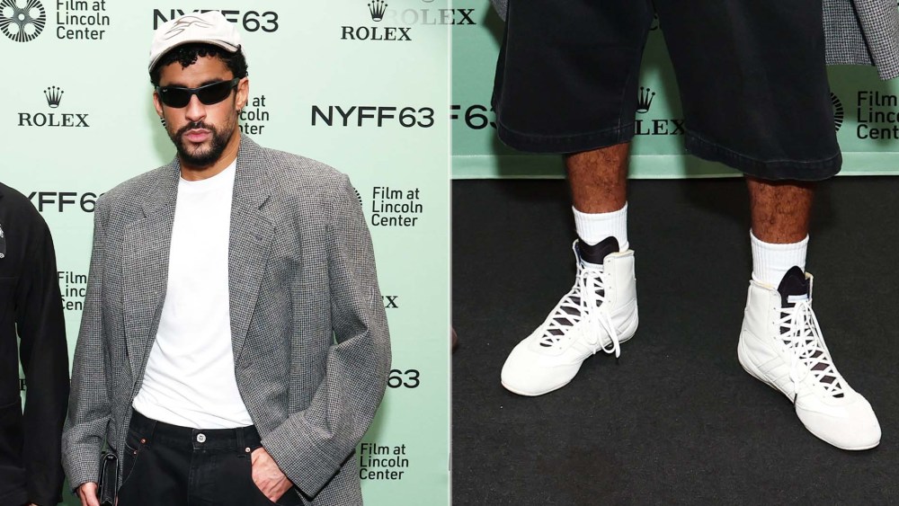 Bad Bunny wearing Adidas Box Hog-style boxing shoes at the New York Film Festival on Sunday.