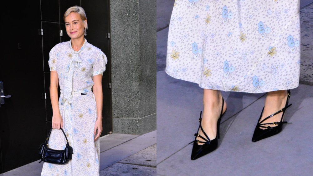 Brie Larson made an appearance on "The View" in Miu Miu's buckle-strap slingback pumps.