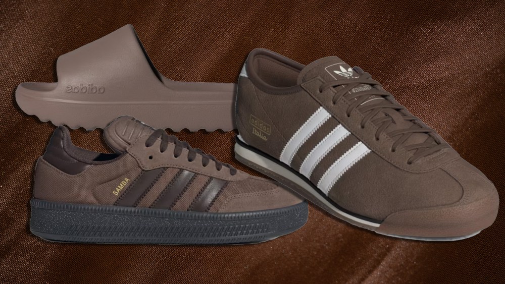 three adidas shoe styles, all in a brown color, overlaid on a textured brown background