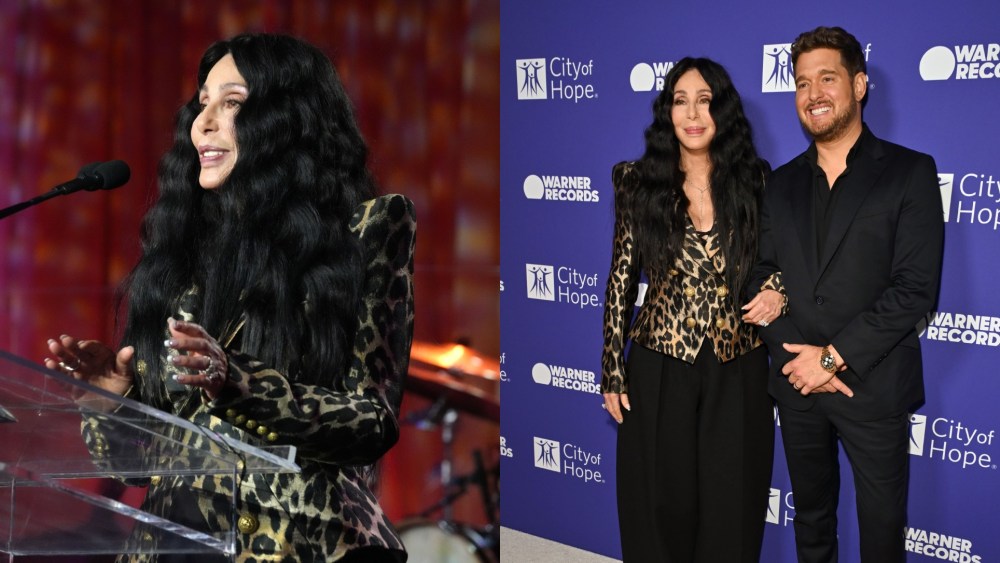 Cher wears a leopard print blazer by Balmain for the City of Hope Spirit of Life gala on Oct. 15, 2025, in West Hollywood, Calif.