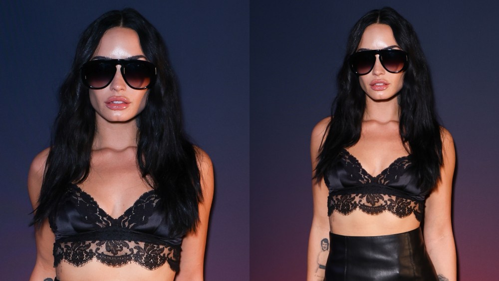Demi Lovato wears a Dolce & Gabbana bralette at the Demi Lovato x Nylon Party on Oct. 2, 2025 for Paris fashion week, office siren fashion trend