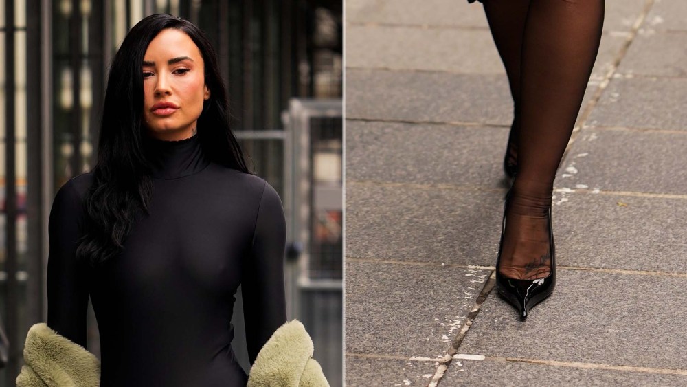 Demi Lovato in Saint Laurent Apolline slingbacks paired with a Coperni second-skin bodysuit and cargo tights during Paris Fashion Week on Monday.