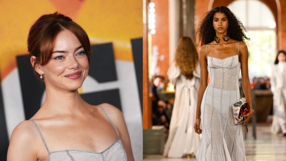 Emma Stone wears a look from Louis Vuitton's spring 2026 ready-to-wear collection at the "Bugonia" New York Premiere on Oct. 21, 2025 in New York City.