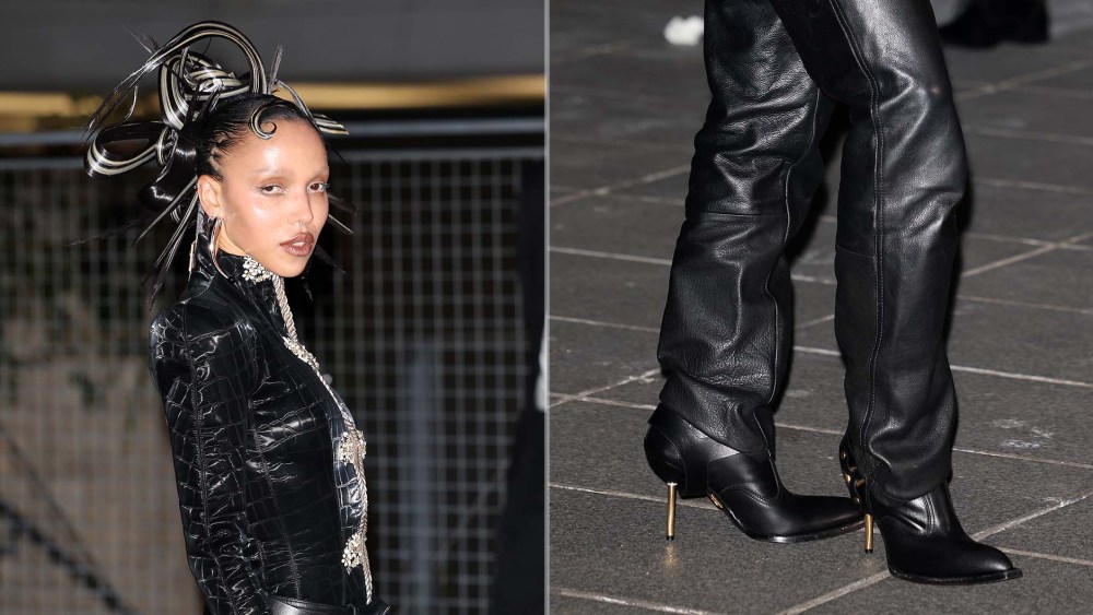 FKA Twigs in Schiaparelli's Western Keyhole Boot while at the design house's Paris Fashion Week show on Thursday.
