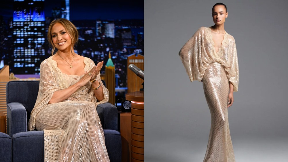 Jennifer Lopez wears a look from Elie Saab's resort 2026 collection on "The Tonight Show Starring Jimmy Fallon" on Oct. 7, 2025 in New York City.