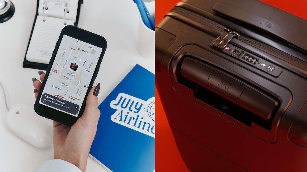 woman using the apple find my app to track her new july luggage; new july carry on suitcase in a brown shade over red background