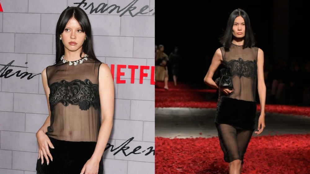 Mia Goth wears a look from Ferragamo's fall 2025 ready-to-wear collection t the "Frankenstein" New York Special Screening on Oct. 20, 2025 in New York City.