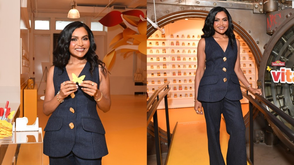 Mindy Kaling wears Cara Cara at the Nature Made wellness experience pop up on Oct. 7, 2025 in New York City.