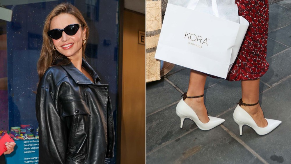 Miranda Kerr heading into the "Today" show in New York City wearing Louis Vuitton Attitude Pumps with a monogram ankle strap on Tuesday.