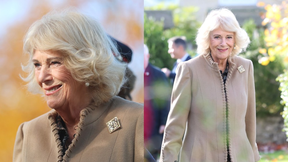 Queen Camilla wears the Lucia Odescalchi brooch at the tower at St. Bartholomew’s Church during her visit to The Poppy Project on Oct. 28, 2025 in Corsham, England.