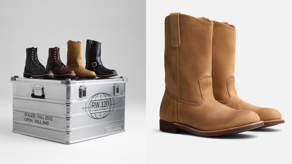 assortment of four boots standing on a crate; cowboy-style boots in tan color