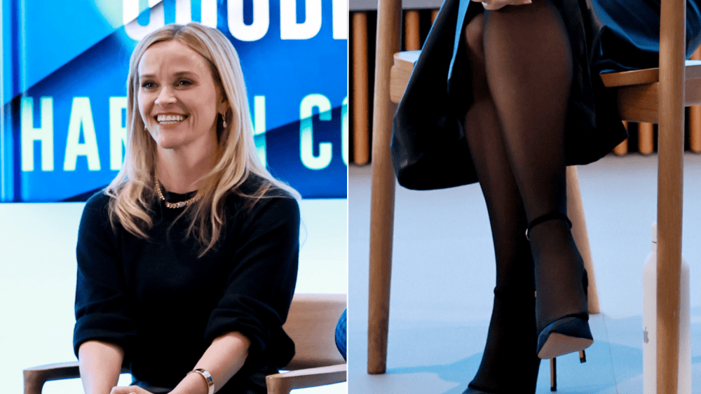 Reese Witherspoon wears ankle strap stilettos while at Apple SoHo promoting her new book "Gone Before Goodbye" alongside co-author Harlan Coben on Tuesday.