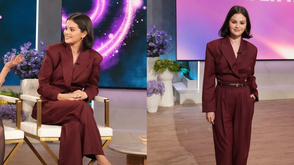 Selena Gomez wears a burgundy jumpsuit by Ronny Kobo on The Jennifer Hudson Show on Oct. 21, 2025, in Burbank, Calif.