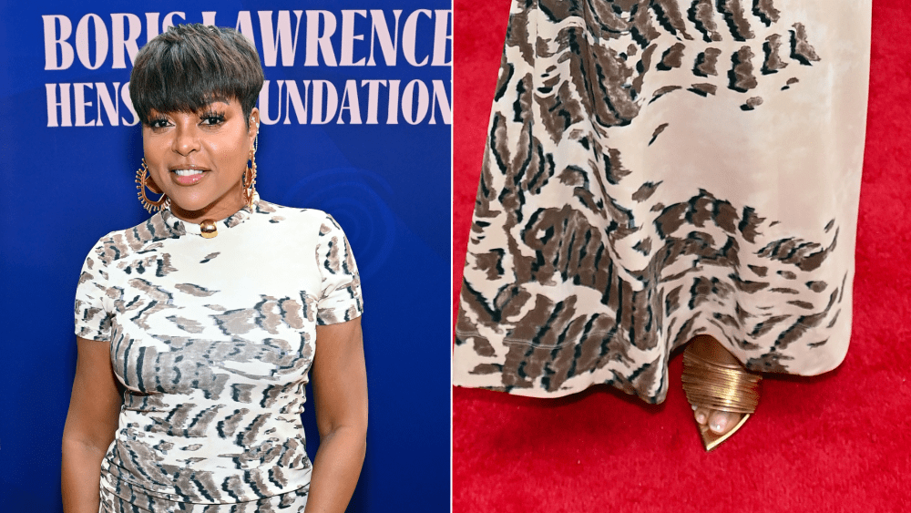 Taraji P. Henson wearing Giuseppe Zanotti metallic gold Clio mules at the 5th Annual "Can We Talk?" Mental Health Summit in Maryland on Sunday.