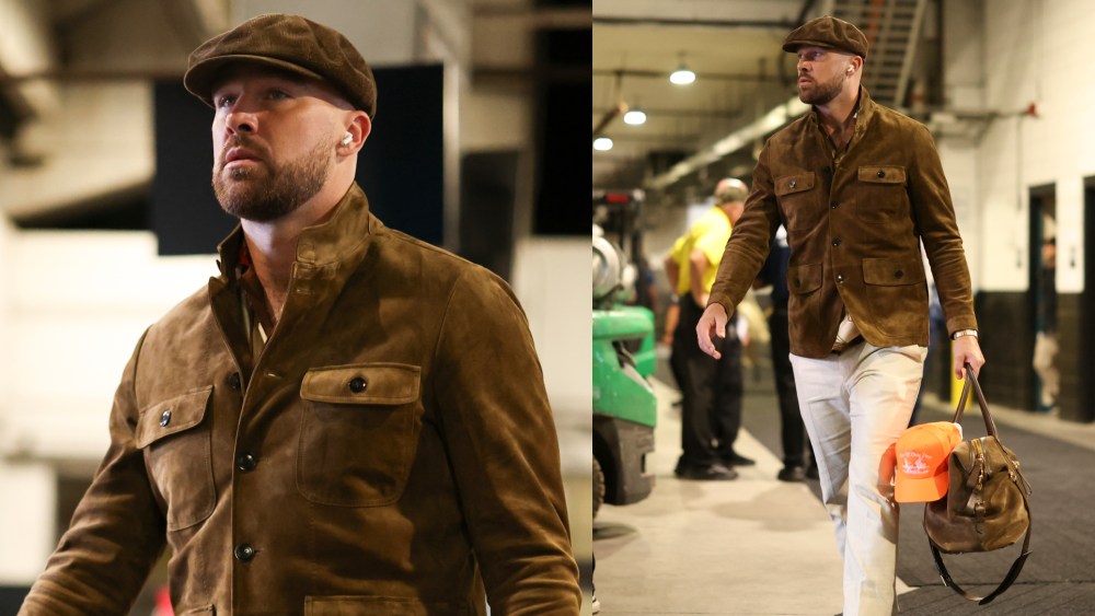 Travis Kelce #87 of the Kansas City Chiefs arrives at the stadium prior to a NFL football game against the Jacksonville Jaguars at EverBank Stadium on October 6, 2025 in Jacksonville, Florida.