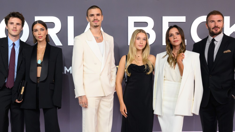 (L-R) Cruz Beckham, Jackie Apostel, Romeo Beckham, Harper Beckham, Victoria Beckham and David Beckham at Netflix’s Victoria Beckham world premiere Oct. 8, 2025 in London.