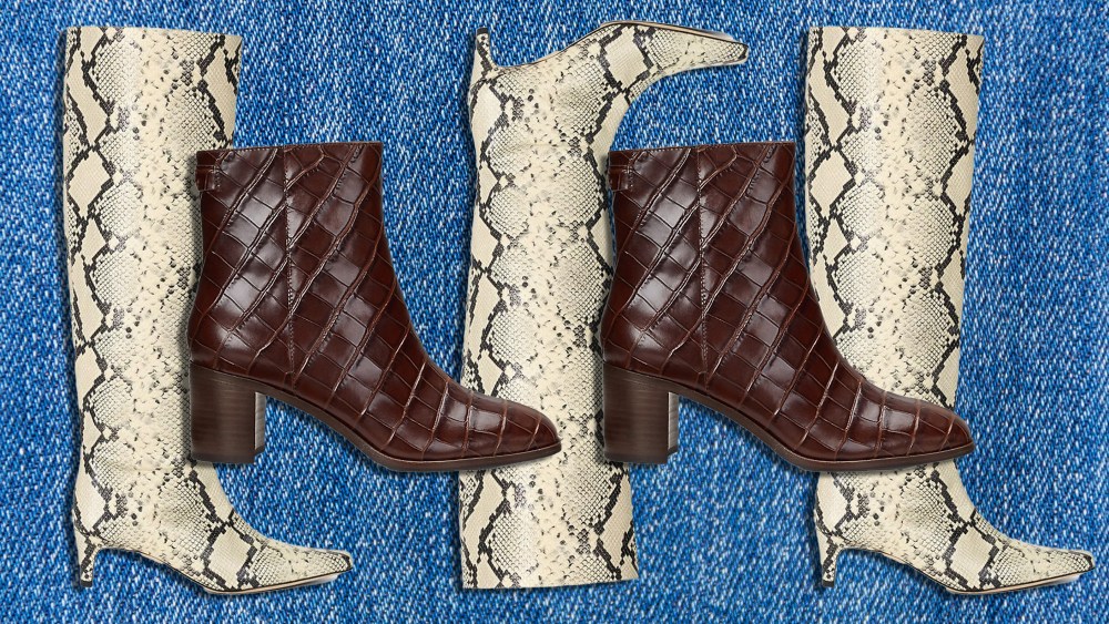 two different boot styles, one in snakeskin and one in a croc effect, overlaid on a denim background
