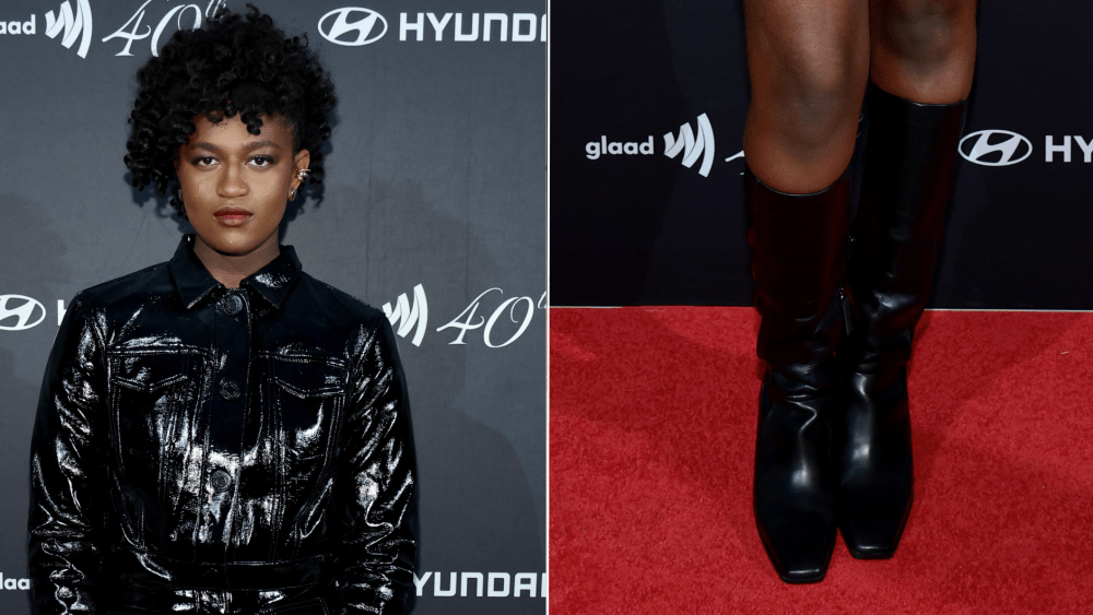 Zaya Wade pairs a monochrome black look with black leather knee-high boots at GLAAD's 40th Anniversary Gala on Friday.