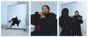 Noir Kei Ninomiya faux leather harness and polyester shirt; Issey Miyake wool pants; Balenciaga boots; Tiffany & Co. Bird on a Rock by Tiffany ring in platinum and yellow gold with rubellite, diamonds and rubies.