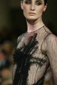 A model on the runway at the Chado Ralph Rucci show in Paris. (Photo by Giovanni Giannoni/WWD/Penske Media via Getty Images)