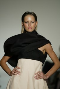A model walks down the runway at the Spring 2003 Chado Ralph Rucci show in New York. (Photo by Giovanni Giannoni/WWD/Penske Media via Getty Images)