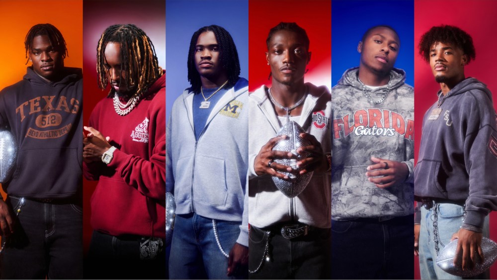 The six college athletes in the hoodies they designed for Hollister.