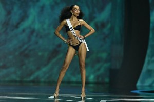 Miss Guadeloupe Ophely Mezino takes part in the final competition of the 2025 Miss Universe pageant in Nonthaburi, north of Bangkok, on November 21, 2025. (Photo by Lillian SUWANRUMPHA / AFP)