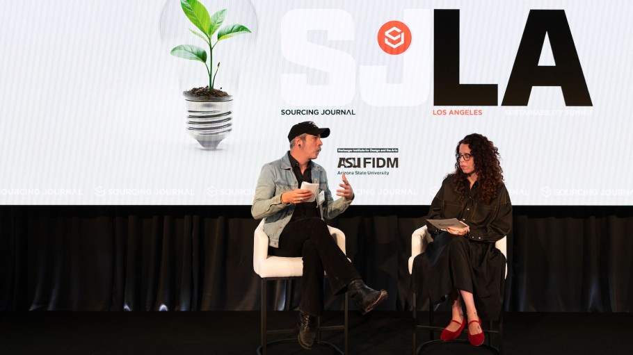 Ryan Hahn, director of R&D and innovation at Guess, with Angela Velasquez, executive editor of SJ Denim, during the second annual Sourcing Journal Los Angeles Sustainability summit on Nov. 13.