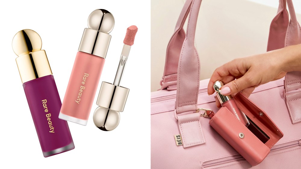 two rare beauty soft pinch liquid blush bottles in shades of purple and light pink; a model taking out a liquid blush bottle from a bag's blush case bag charm