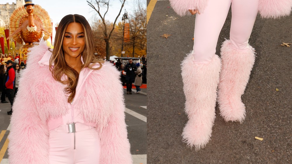 ciara, pink fur boots, pink ski suit, thanksgiving day parade