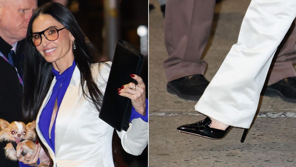 Demi Moore wearing Tom Ford Patent Leather Eva D'Orsay Pumps while arriving at 'The Late Show With Stephen Colbert' in New York City on Monday.