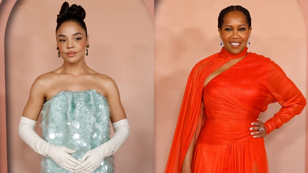 Tessa Thompson in Balencaiga, left, and Regina King in Jean-Louis Sabaji at the 2025 Franca Fund Gala on Nov. 23, 2025 in Doha, Qatar.