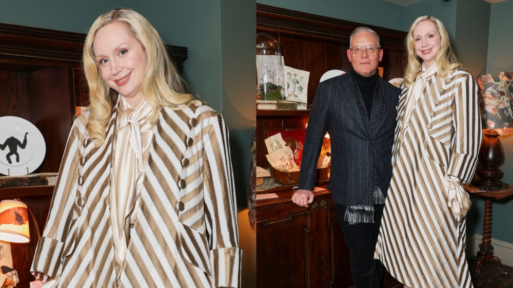 Gwendoline Christie wears a look by Giles Deacon at the Opening Night of "The Gilded Mischief" on Nov. 25, 2025 in London.