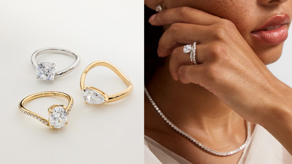 three james allen engagement rings from the sculptural wave collection; female model wearing a james allen diamond ring stack