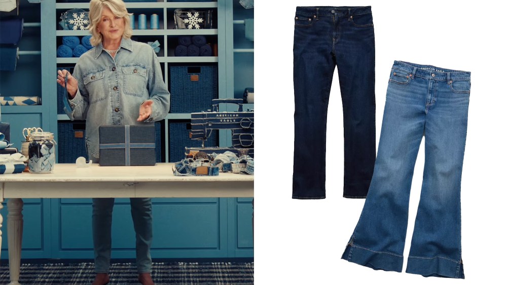 martha stewart talking to the camera for her american eagle campaign, while pointing to a wrapped gift; two jean styles for men and women from american eagle, over a white background