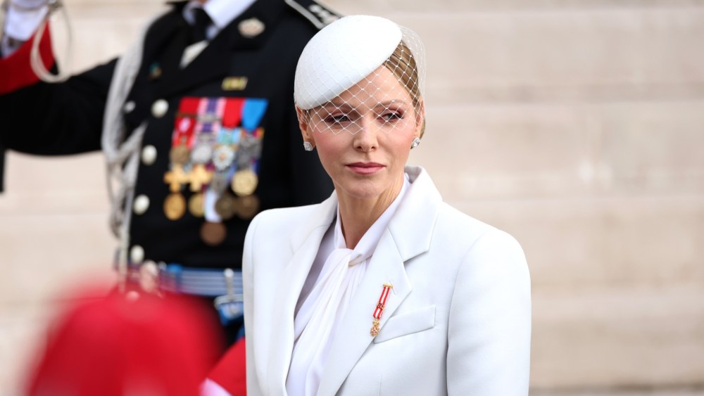 Princess Charlene of Monaco wears a white suit at the Monaco National Day 2025 on Nov. 19, 2025 in Monaco.
