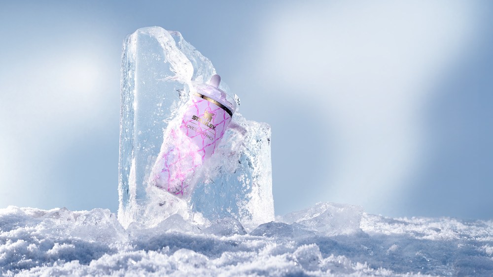new stanley x loveshackfancy tumbler in a pink color, resting inside a block of ice