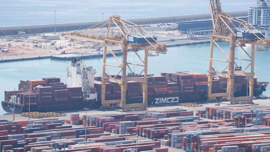 The container ship Zim Luanda sails from the Port of Barcelona with a cargo of 122 tons of steel bars, allegedly destined for the manufacture of weapons for Israel, in Barcelona, Spain, on July 1, 2025. The controversy is part of growing international concern over the conflict in Gaza and the implications of the arms trade with Israel.