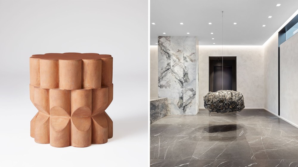 The "Colonna" terracotta table and the suspended marble sculpture at Ciot New York, by Deborah Moss.