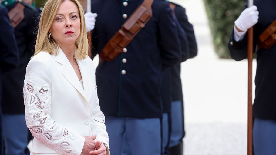 ROME, ITALY - APRIL 09: Italy's Prime Minister Giorgia Meloni waits for the arrival of Queen Rania of Jordan at Villa Pamphili, ahead of a bilateral meeting on April 09, 2025 in Rome, Italy. (Photo by Alessandra Benedetti - Corbis/Corbis via Getty Images)