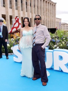 Rihanna and A$AP Rocky attend the "Smurfs" Global Premiere at Mont des Arts.