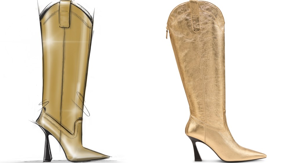 Left: Exclusive sketch of the boot made for Beyoncé.
Right: Stuart Weitzman Vinnie Cowboy 85 Boot.