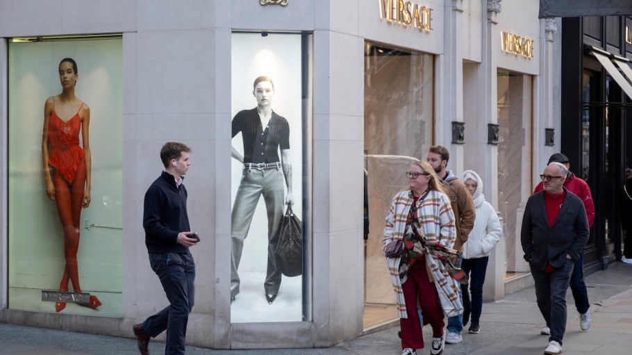 Versace on Bond Street on 28th November 2025 in London, United Kingdom. Bond Street is one of the principal streets in the West End shopping district and is very upmarket. It has been a fashionable shopping street since the 18th century. The rich and wealthy shop here mostly for high end fashion and jewellery.