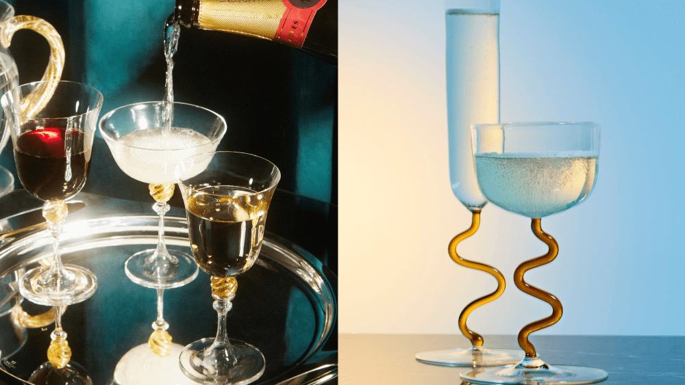 a coupe glass being filled with champagne, surrounded by other glasses; two martini and champagne glasses with twisting stems standing on a table