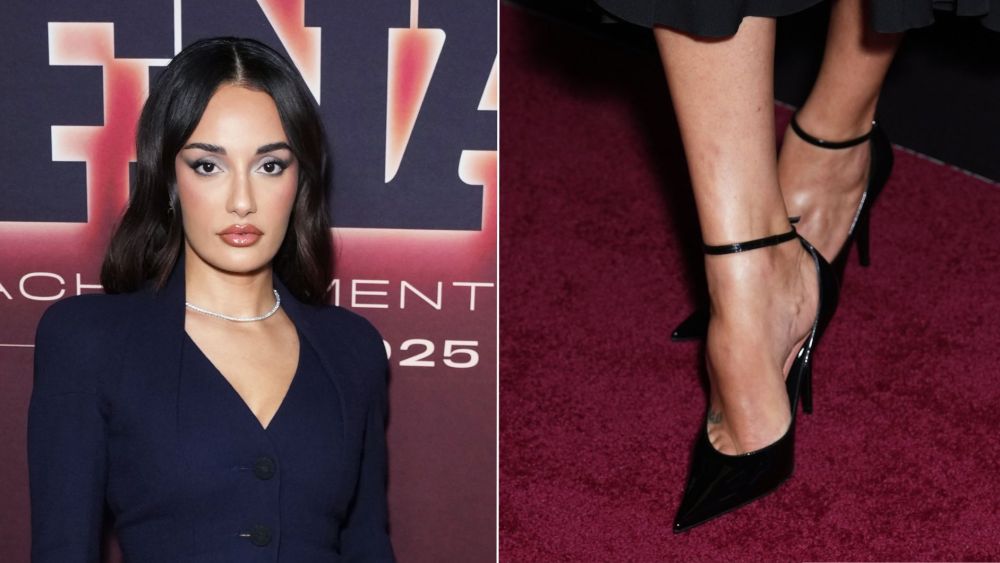 Amina Muaddi wears her Anok 105 pumps in black patent leather on the 2025 FNAA Red Carpet in New York City on Wednesday night.