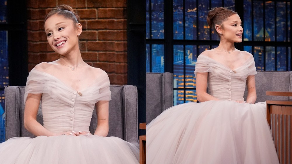Ariana Grande wears custom Paolo Sebastian on "Late Night With Seth Meyers" on Dec. 18, 2025 in New York City.
