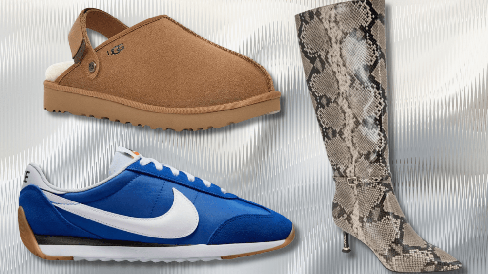 an assortment of on-sale footwear, like uggs, nike sneakers, and snakeskin boots, over a wavy line background in white and gray